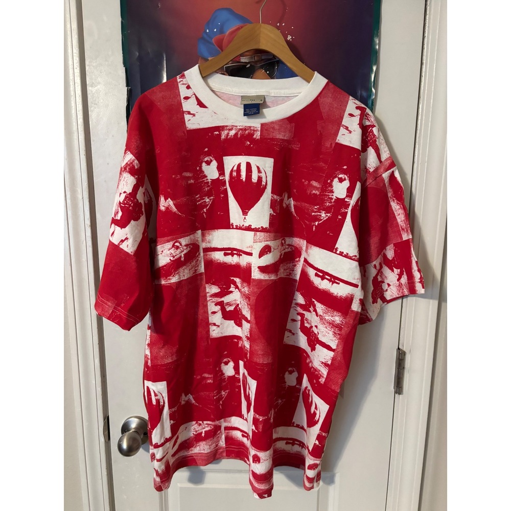 Vintage Ruff Hewn All Over Print T-Shirt Mens Large Red White Hot Air Balloon